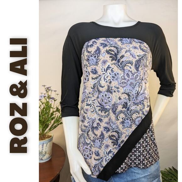Roz & Ali Top Blouse Petite Small Purple Paisley Black Colorblock Stretch Boho - Picture 1 of 9